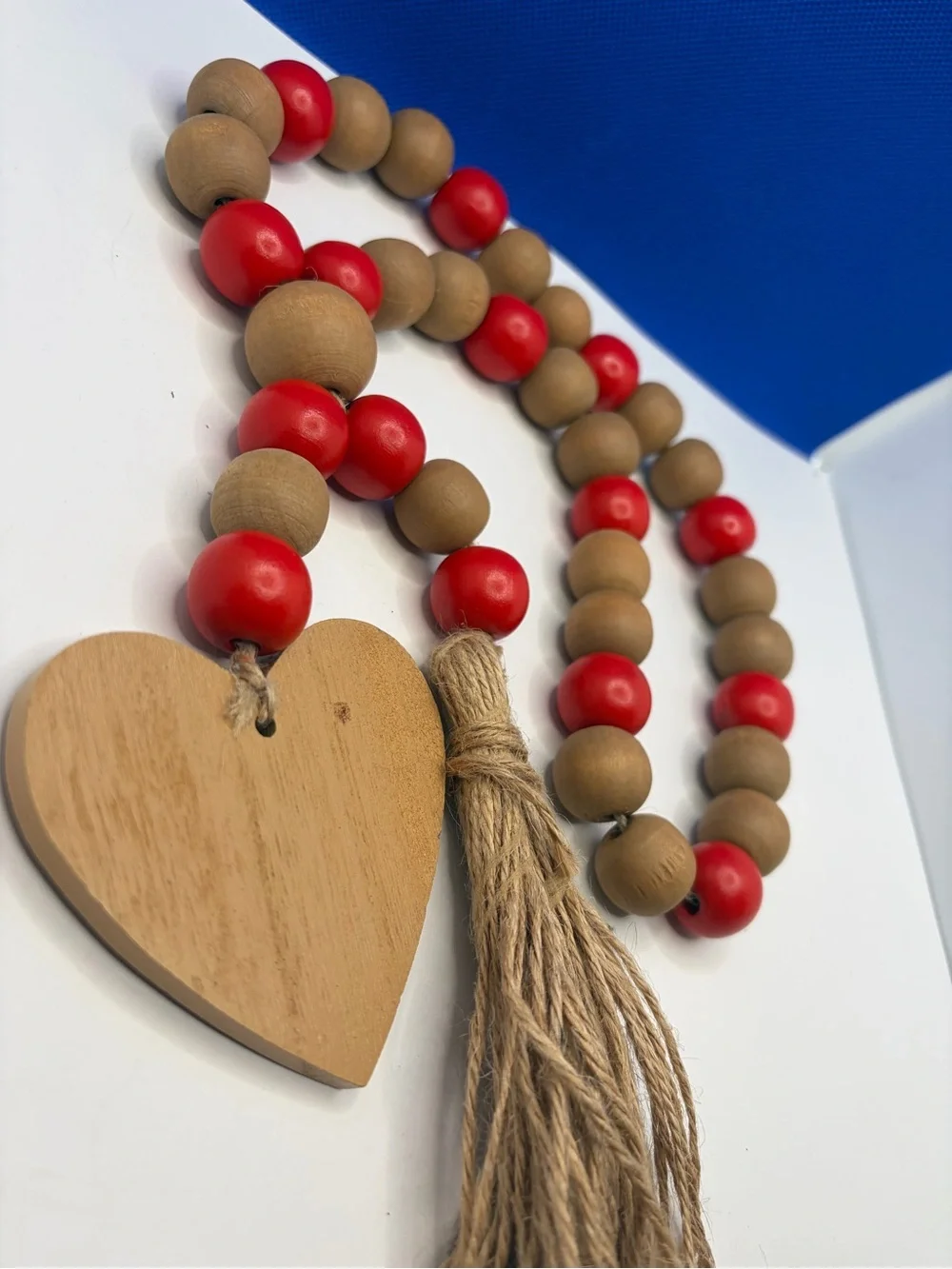Red & Natural Wood Bead Garland with Heart & Jute Tassel Farmhouse Decor